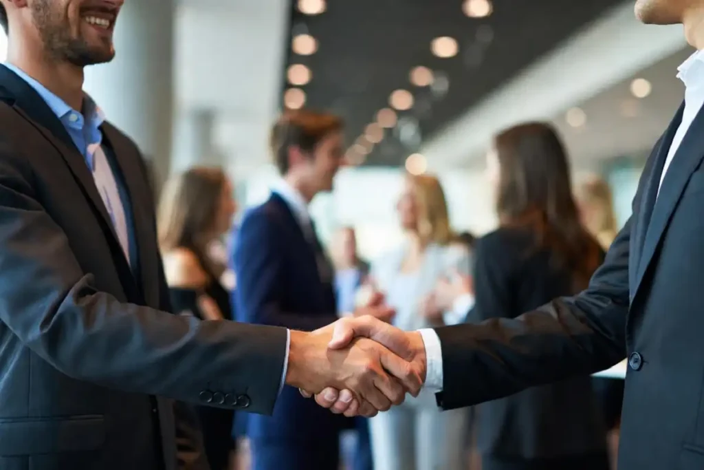 Diverse group of business professionals networking and building connections for career advancement