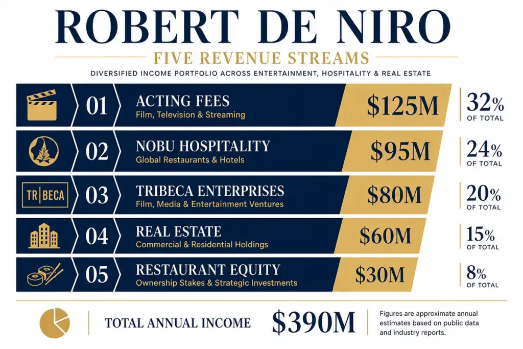 Infographic showing five celebrity income streams with dollar figures and percentages