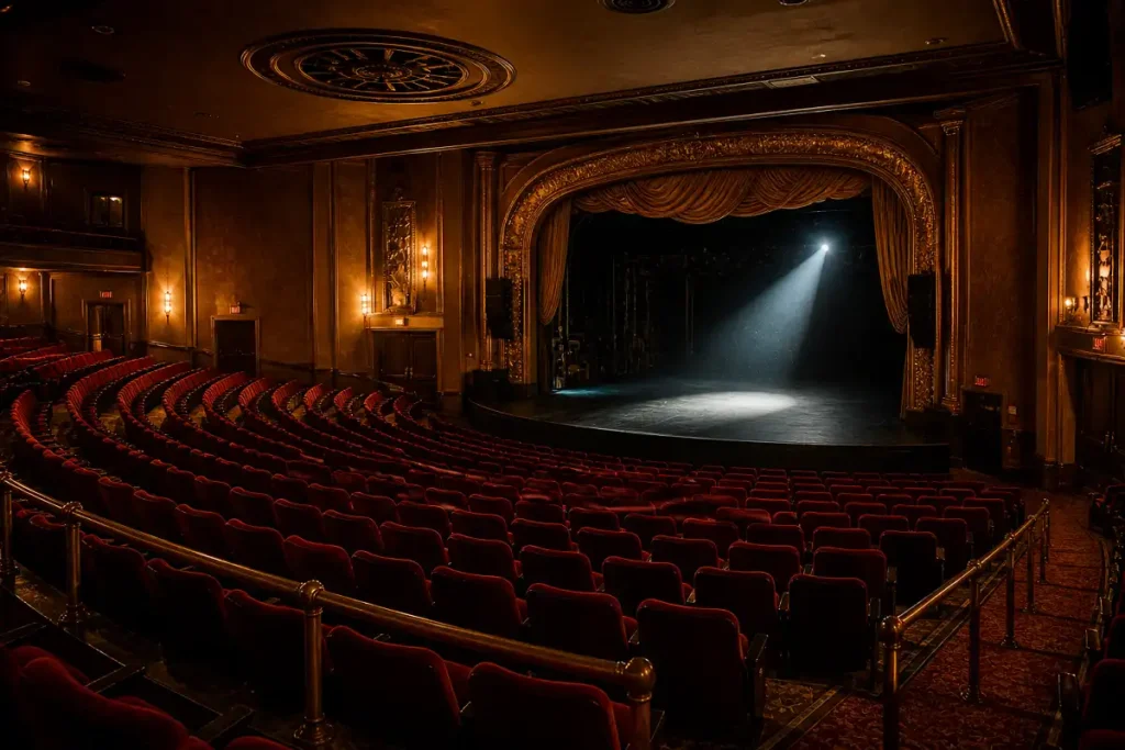 Empty 1970s American movie theater with red velvet seats and golden curtain