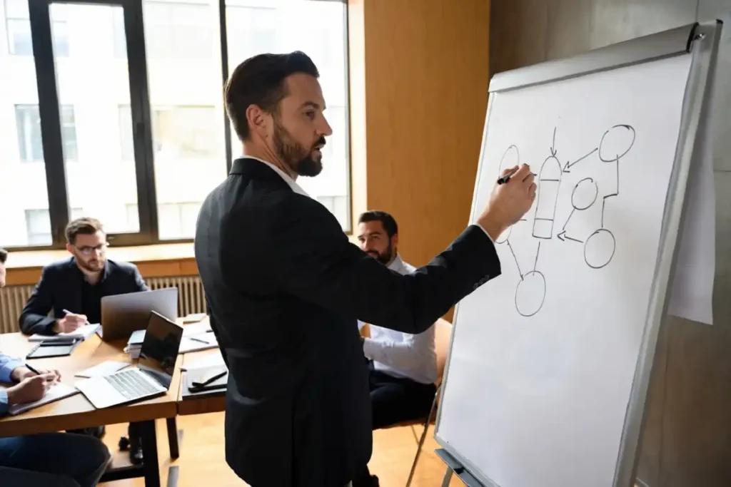 Business leader presenting strategy on a whiteboard to engaged team members