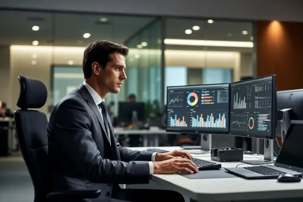 Corporate executive reviewing business data and making strategic decisions at a desk