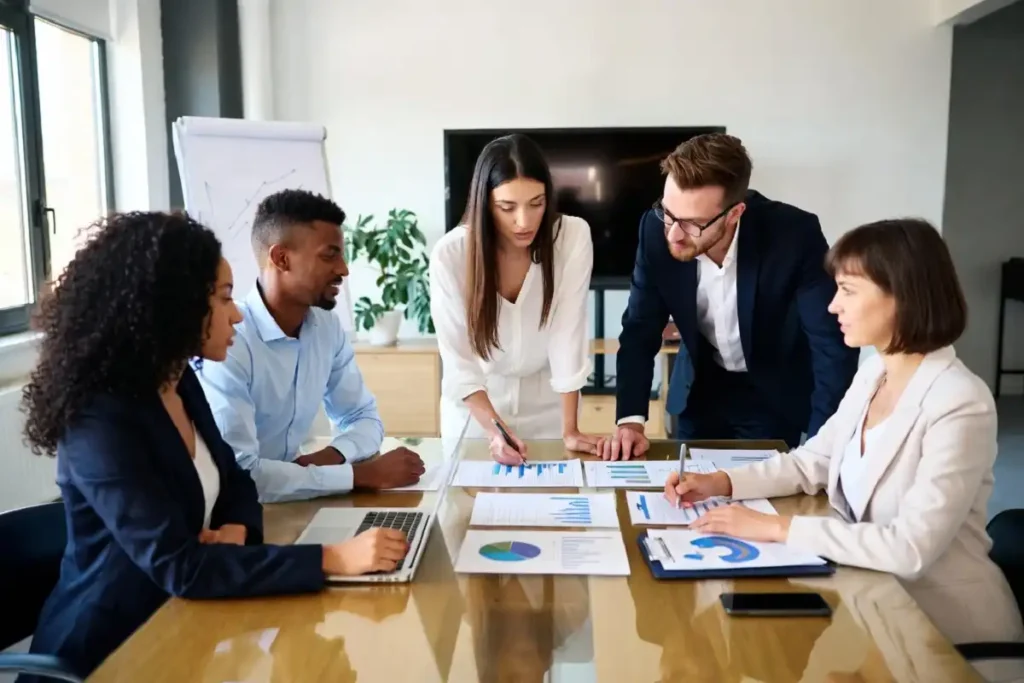 Diverse group of corporate professionals collaborating on a team leadership project