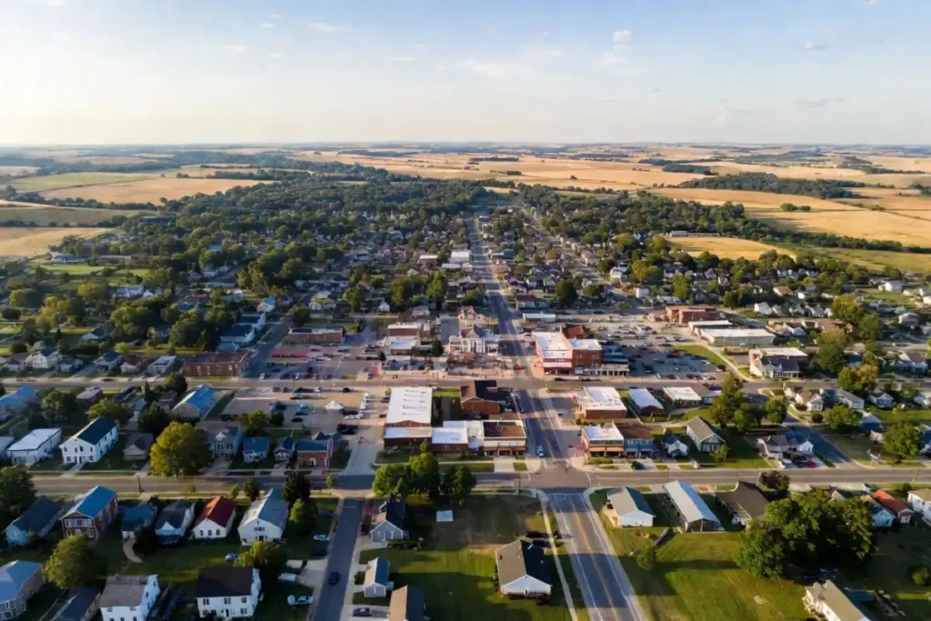 Aerial view of Covington Tennessee, small town business district near Memphis