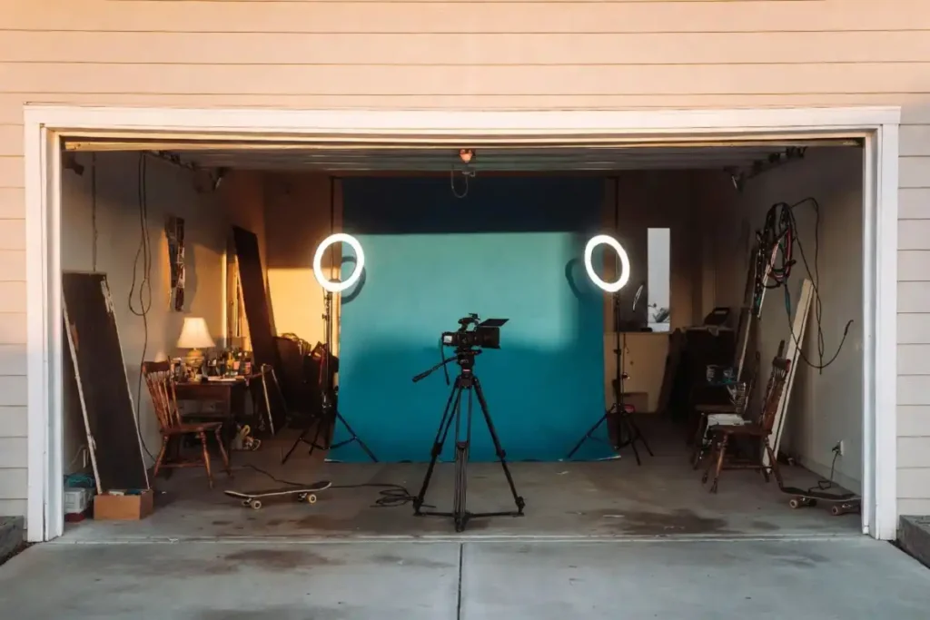 Danny Go filming in garage studio with blue screen