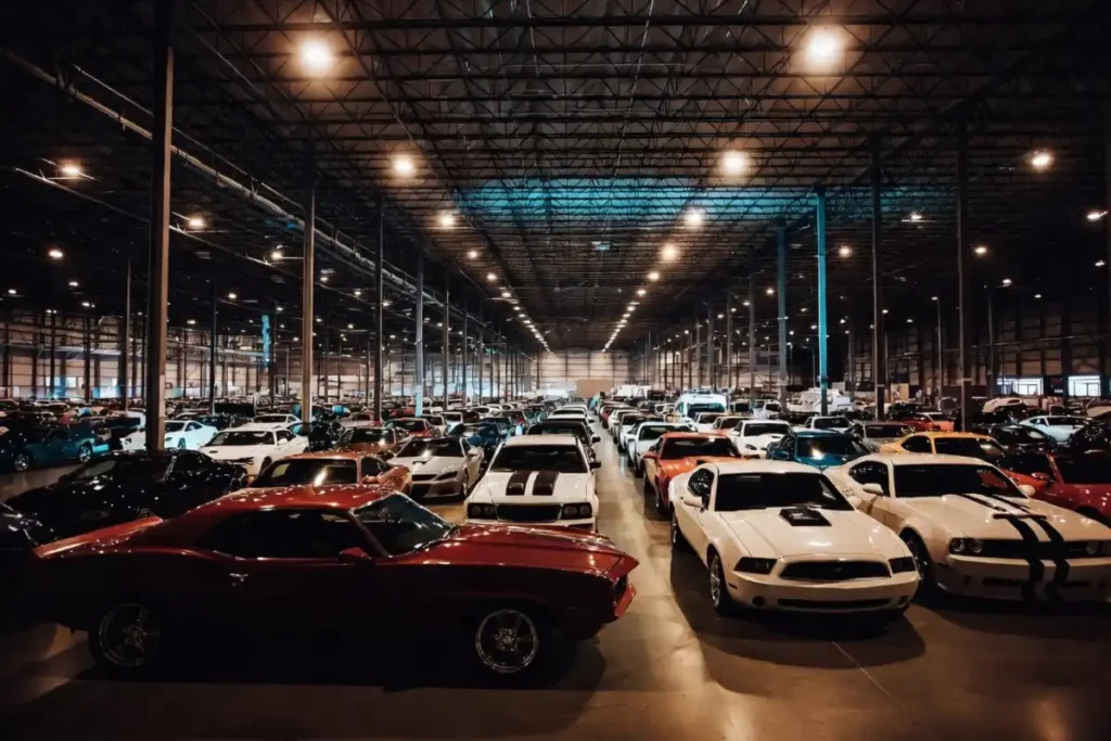 Massive private car collection warehouse with American muscle cars, Camaros and Corvettes