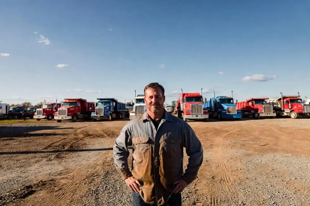 Don Baskin standing in front of a row of commercial trucks at his Tennessee dealership