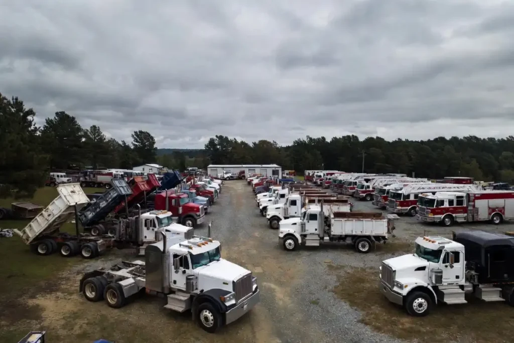 Heavy trucks and commercial equipment lined up at Don Baskin Truck Sales in Tennessee