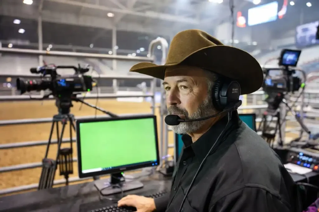 Don Gay as a rodeo TV commentator and announcer at a major rodeo event