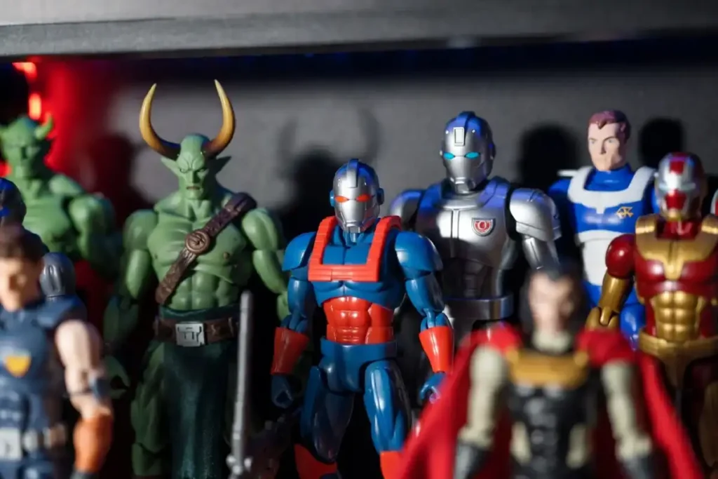 A display of Entertainment Earth action figures from popular franchises including Star Wars and Marvel