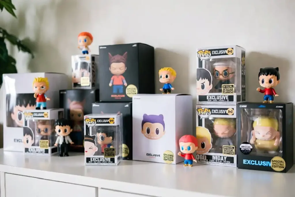 Entertainment Earth exclusive Funko Pop figures lined up on a collector's shelf with exclusive edition stickers
