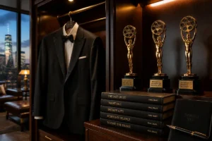 Vintage tuxedo and golden cinema trophies inside a Tribeca penthouse dressing room