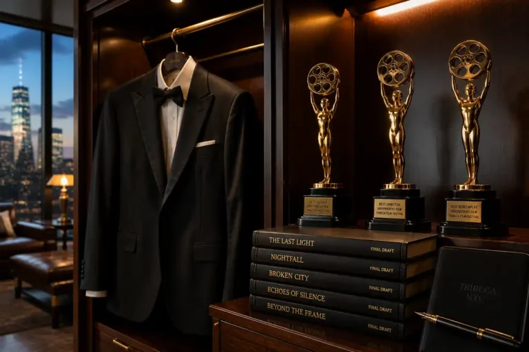 Vintage tuxedo and golden cinema trophies inside a Tribeca penthouse dressing room