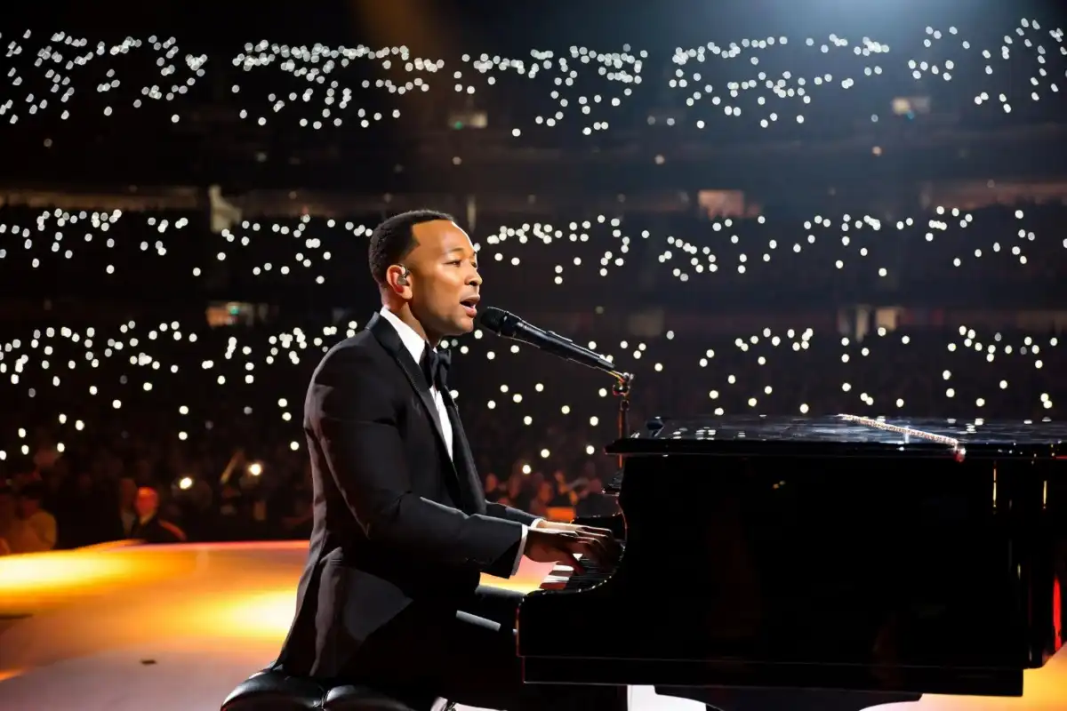 John Legend performing on stage with grand piano