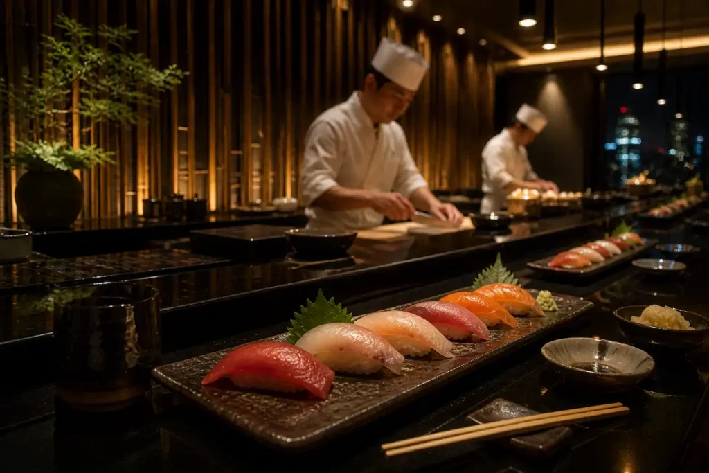 Upscale Japanese omakase counter with nigiri sushi plates and bamboo accents