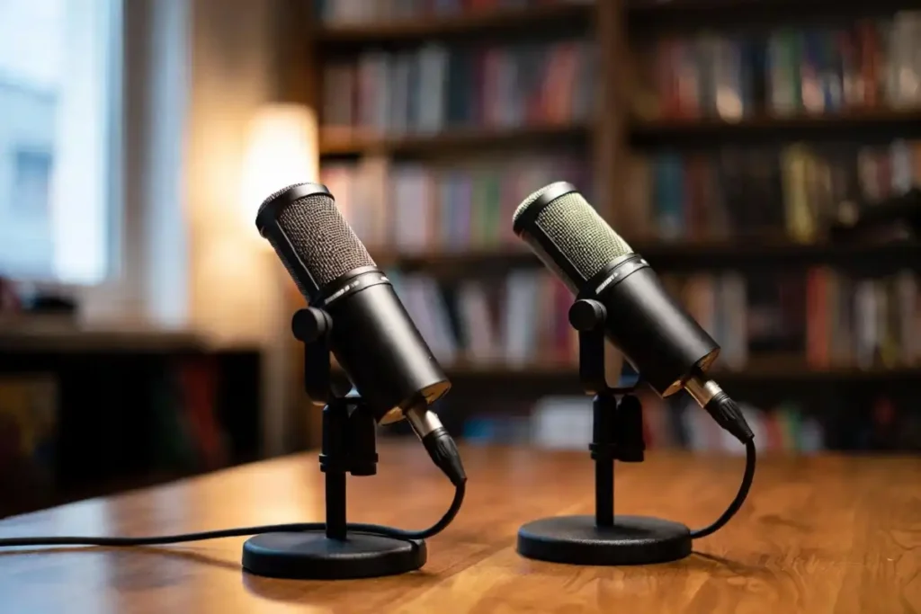 Podcast microphone setup representing Pod Meets World, Will Friedle's podcast with Rider Strong