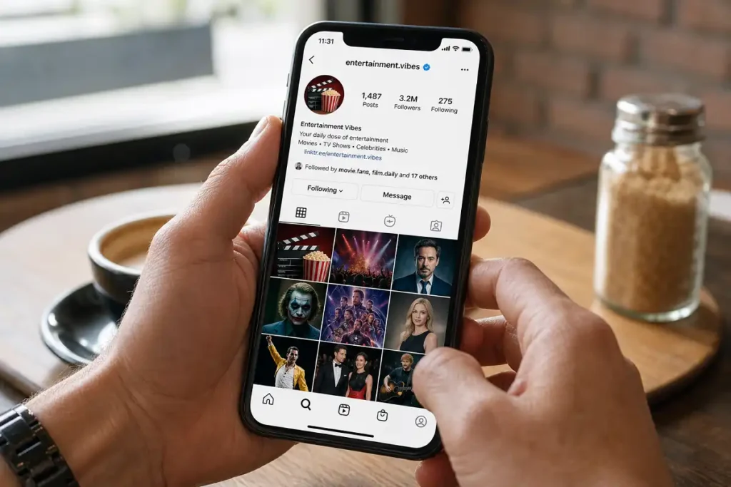 Smartphone displaying entertainment Instagram profile feed