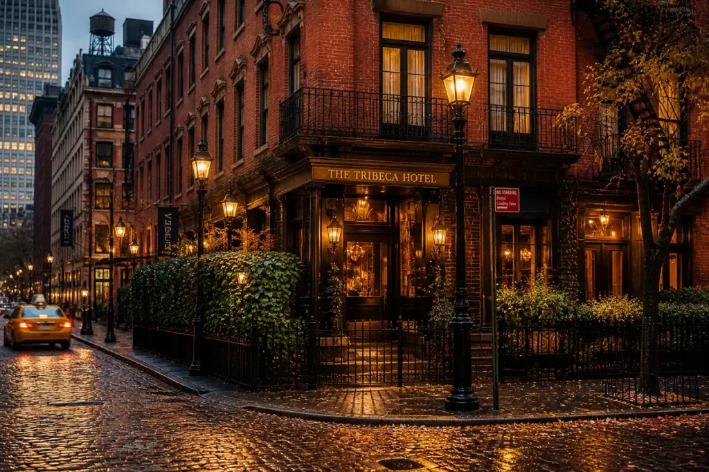 Red brick boutique hotel exterior in Tribeca New York at golden hour