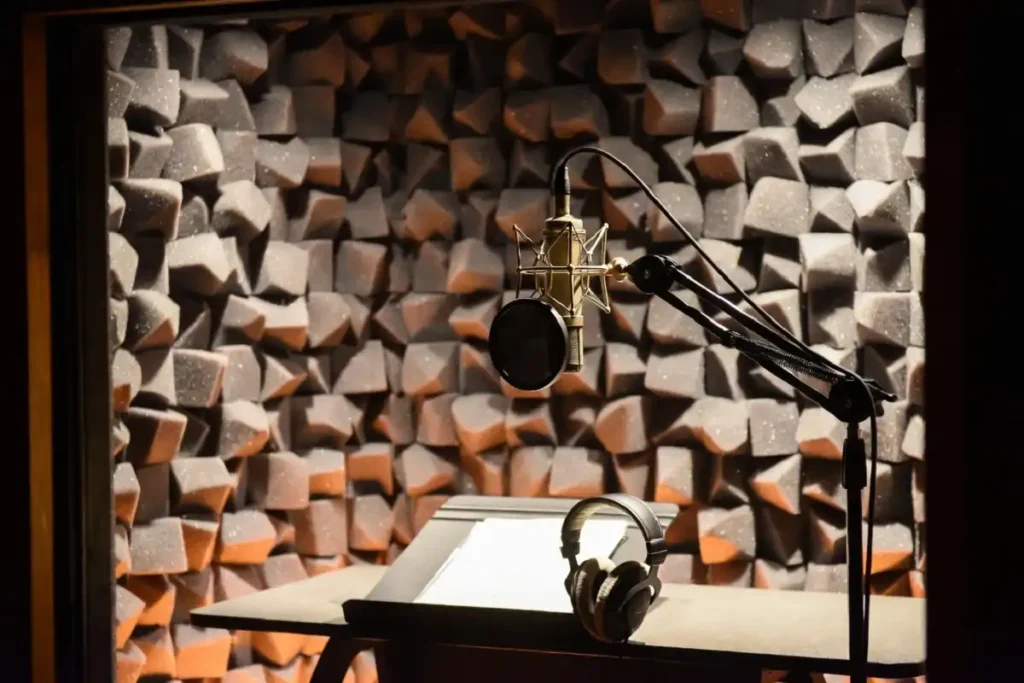 Voice actor recording in professional studio, representing Will Friedle's voice acting career