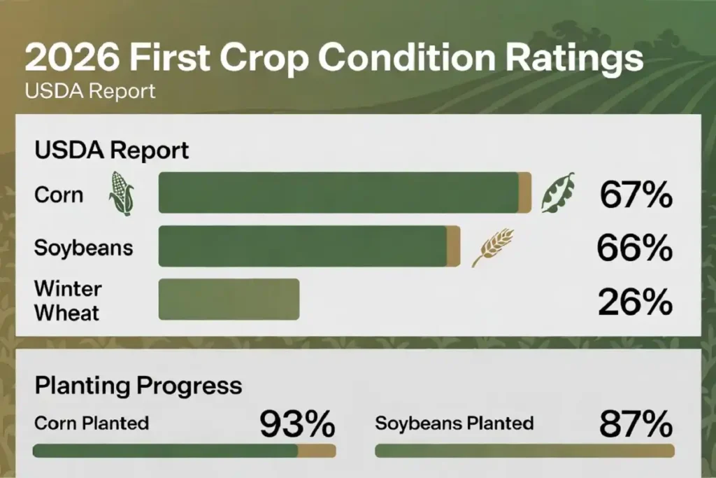 Infographic of first 2026 crop condition ratings for corn, soybeans, and wheat