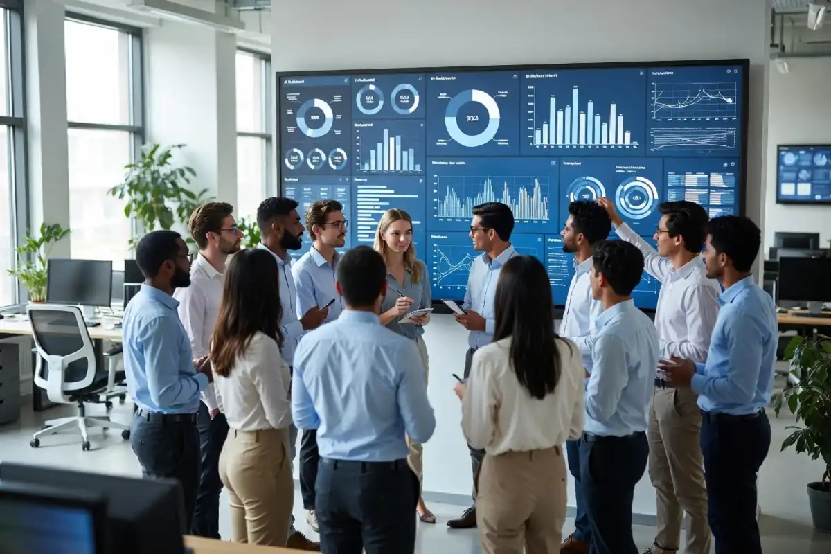 AI adoption in the workplace showing a diverse team using AI dashboards in a modern office