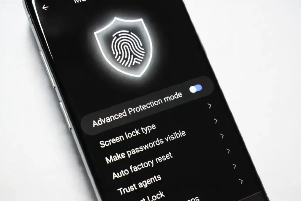 Android 17 security features and Advanced Protection mode displayed on a smartphone screen