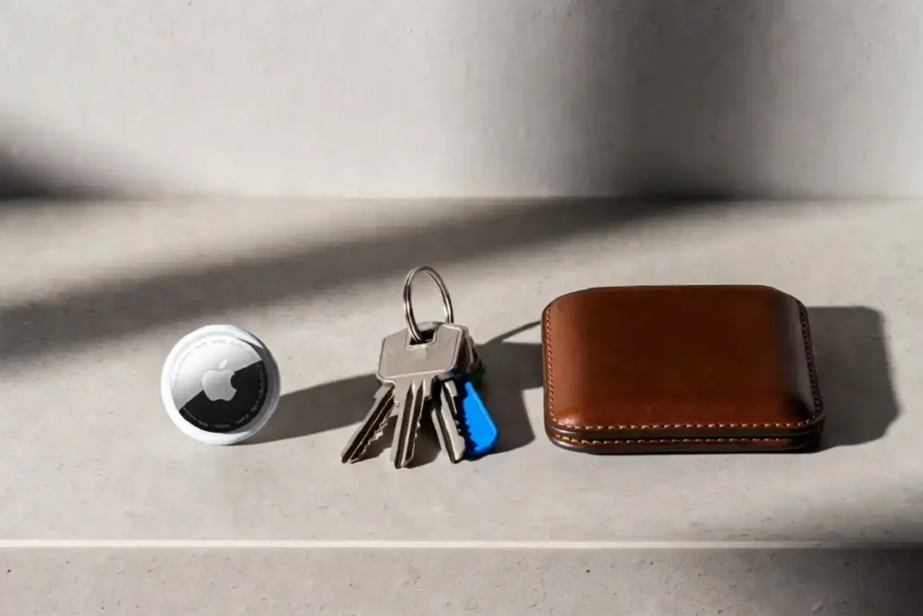 Apple AirTag attached to keys and wallet as affordable iPhone tracking gadget in 2026