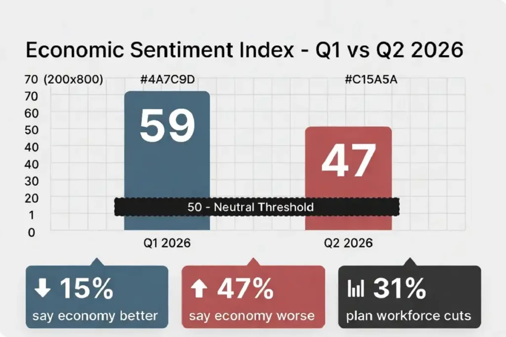 Infographic showing CEO confidence falling from 59 to 47 between Q1 and Q2 2026