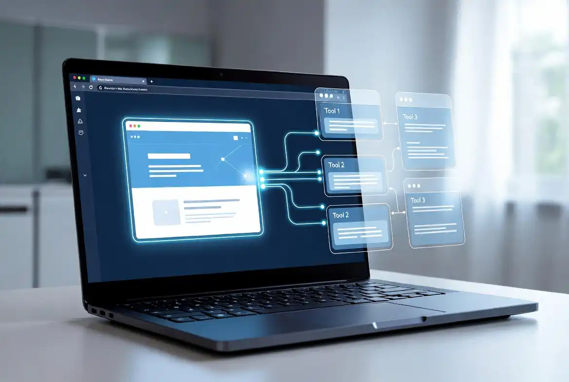 Chrome browser window showing WebMCP connecting a website to an AI agent through structured tools