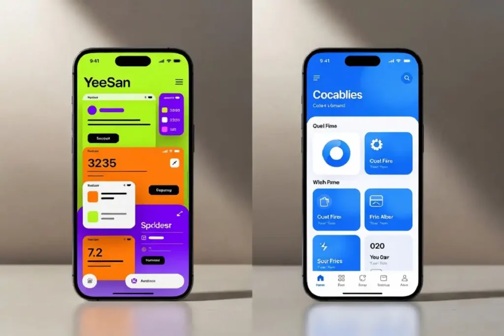 Side-by-side comparison of consistent and inconsistent mobile app brand identity on two smartphones