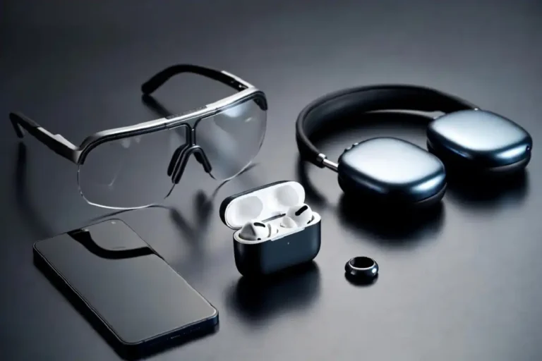 Cool new gadgets for June 2026 including AR glasses, wireless headphones, earbuds, smartphone, and smart ring on a dark surface