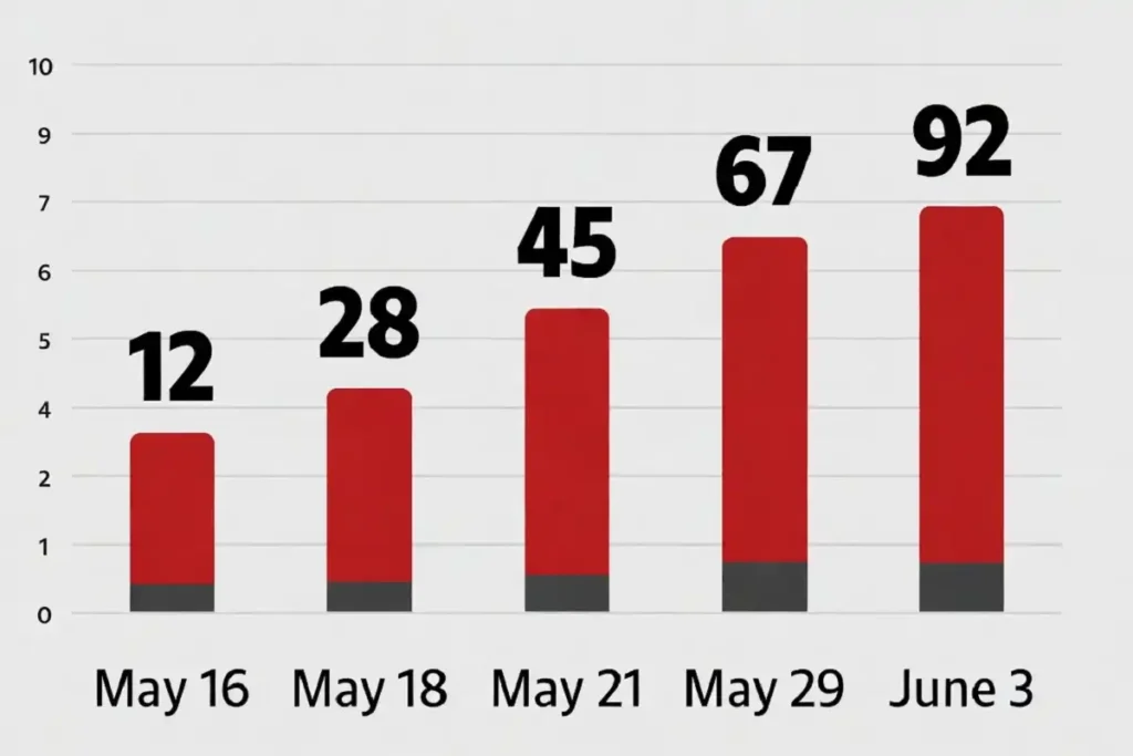 Infographic showing DR Congo Ebola confirmed case growth from May to June 2026