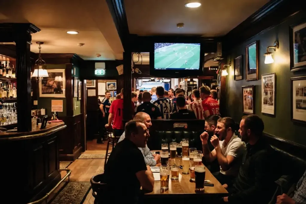 Fans in a UK pub watching a free World Cup 2026 broadcast