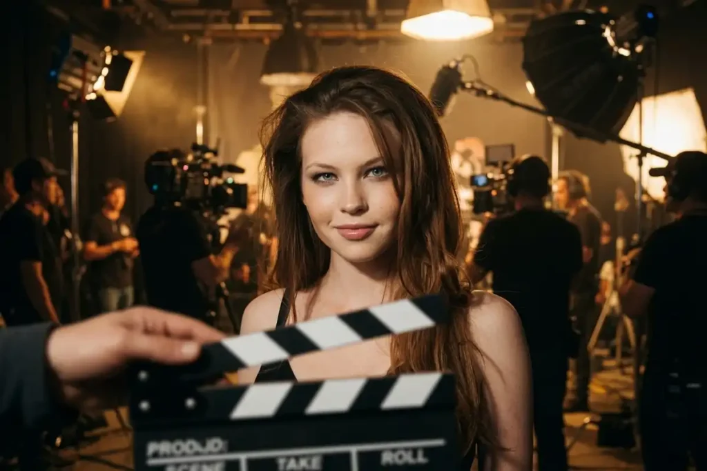Behind the scenes photorealistic image of a film set representing a child actors career