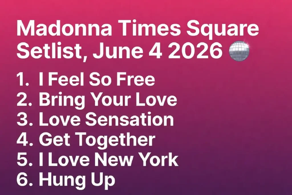 Infographic listing Madonna's six-song Times Square concert setlist on June 4, 2026