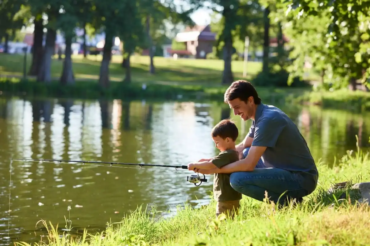 DNR volunteer mentors helping a young child fish at the Pocket Park in Escanaba Michigan