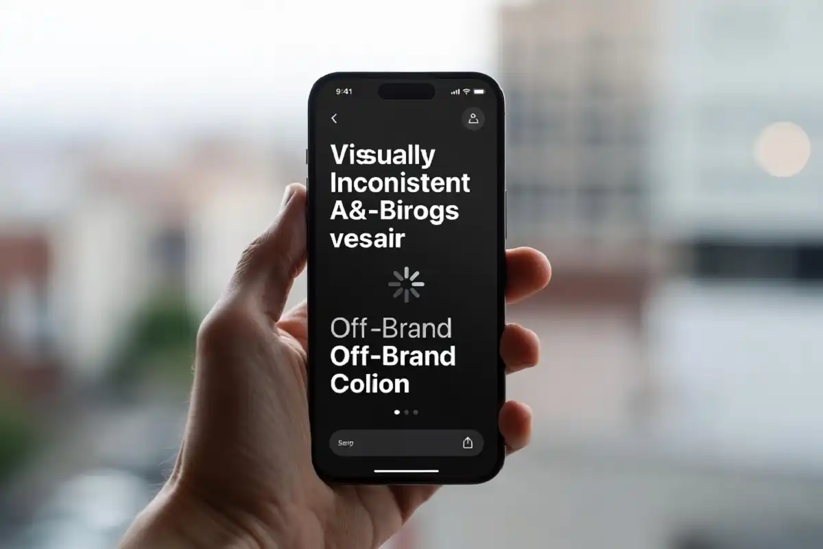 A person holding a smartphone displaying mobile branding mistakes including mismatched fonts and loading errors