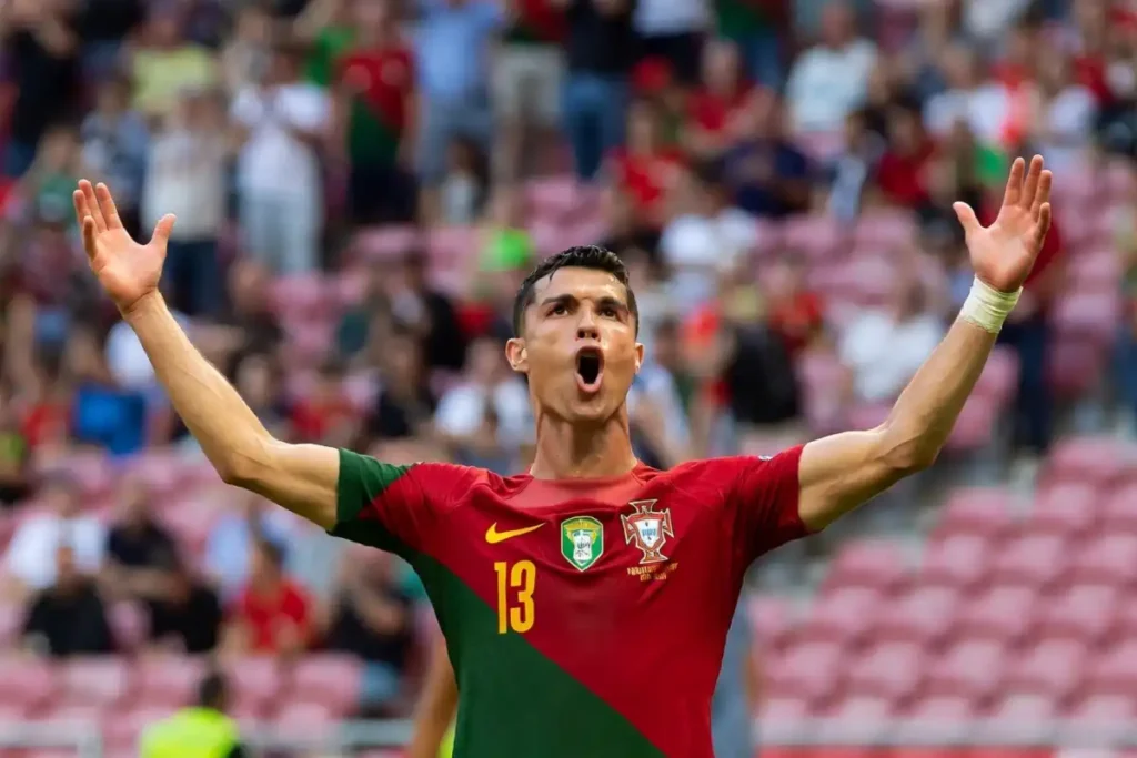 Portugal player celebrating a goal during a 2026 World Cup qualifying match