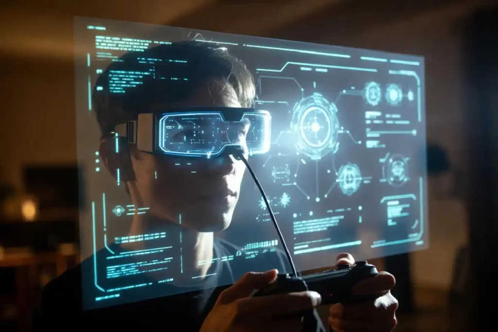 Person wearing ROG Xreal R1 AR glasses with a 171-inch virtual gaming display projected in a dark room