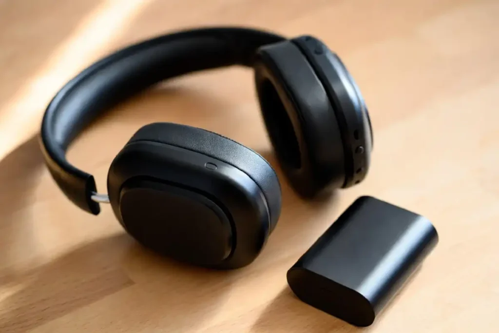 Sennheiser Momentum 5 Wireless headphones with user-replaceable battery on a wooden surface