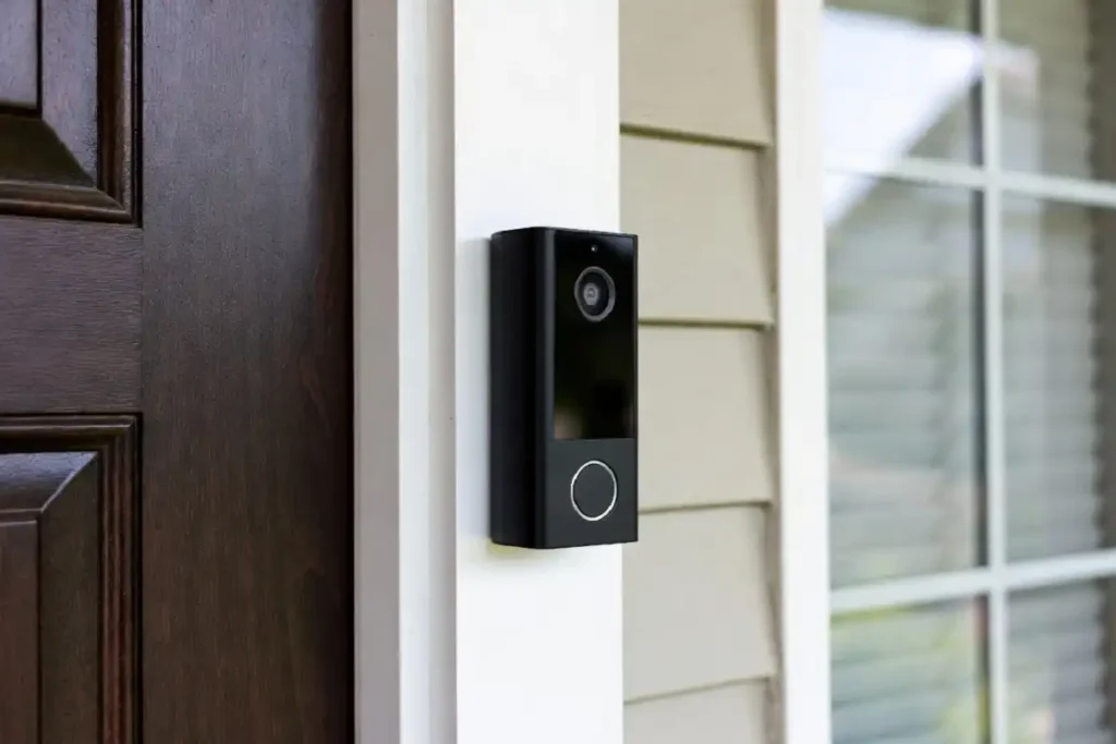 A smart video doorbell mounted beside a home front door