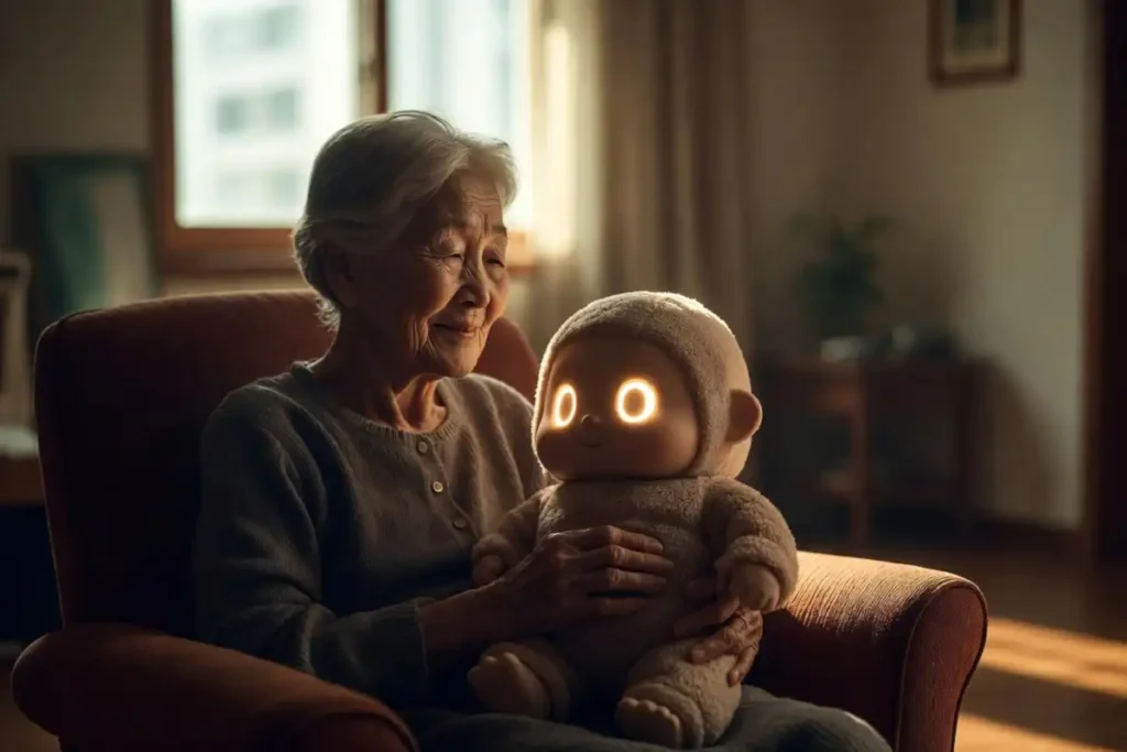 South Korean elderly woman holding a Hyodol AI-powered companion doll in her Seoul apartment in 2026