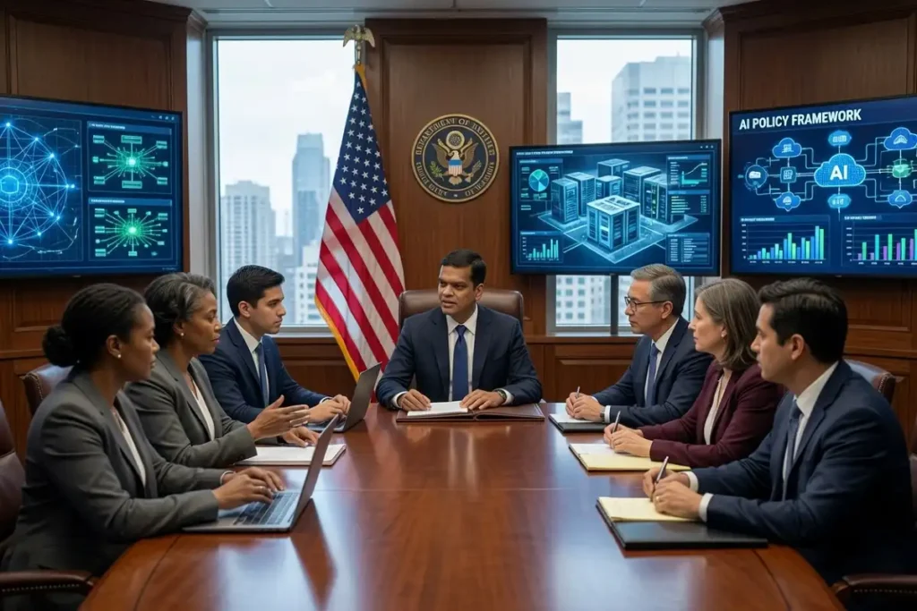 Senior government officials and tech leaders in a White House meeting room discussing US artificial intelligence policy and action plan
