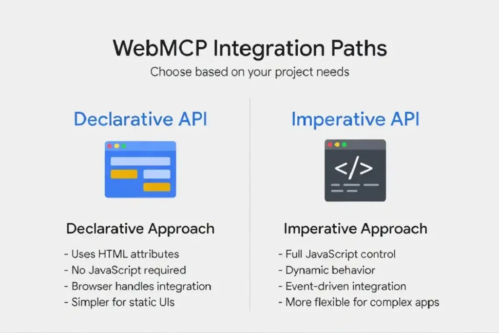 Infographic comparing WebMCP declarative HTML form API and imperative JavaScript API in Chrome 149