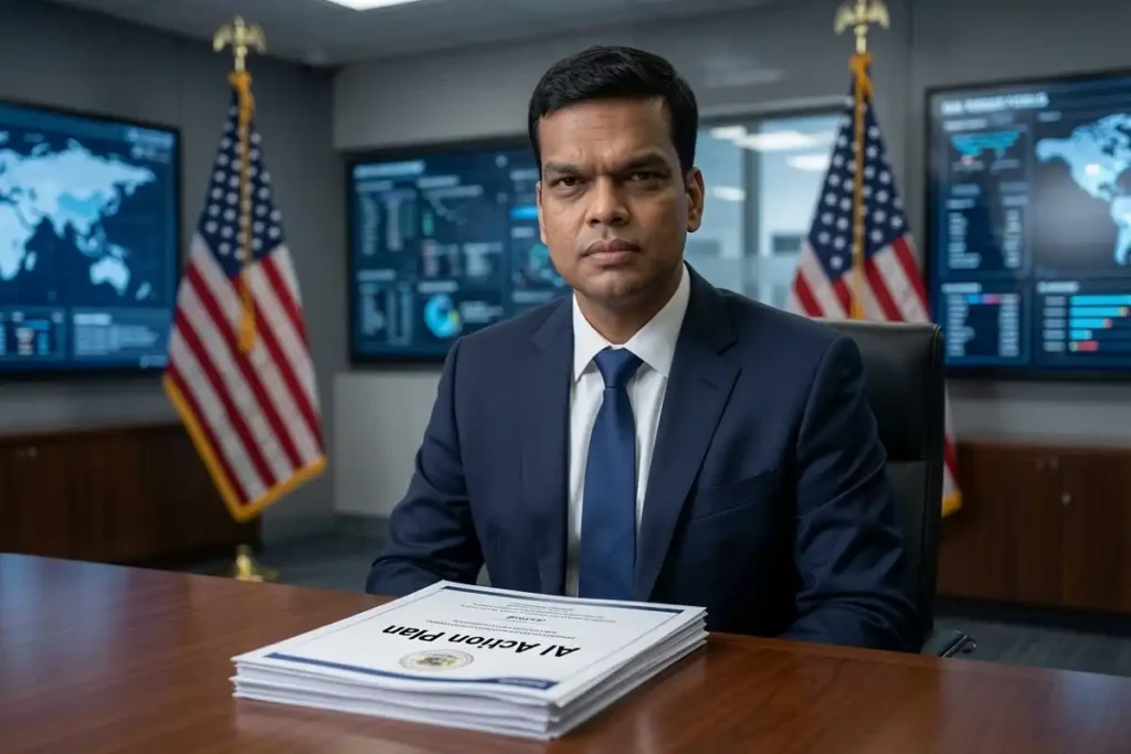 White House senior AI adviser reviewing the American AI Action Plan documents in a government briefing room
