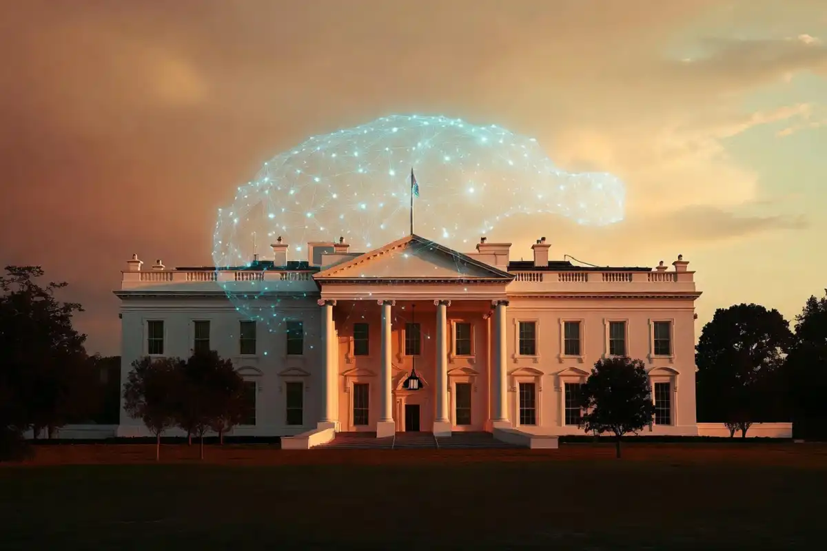 White House with AI network overlay representing US artificial intelligence policy leadership in 2026