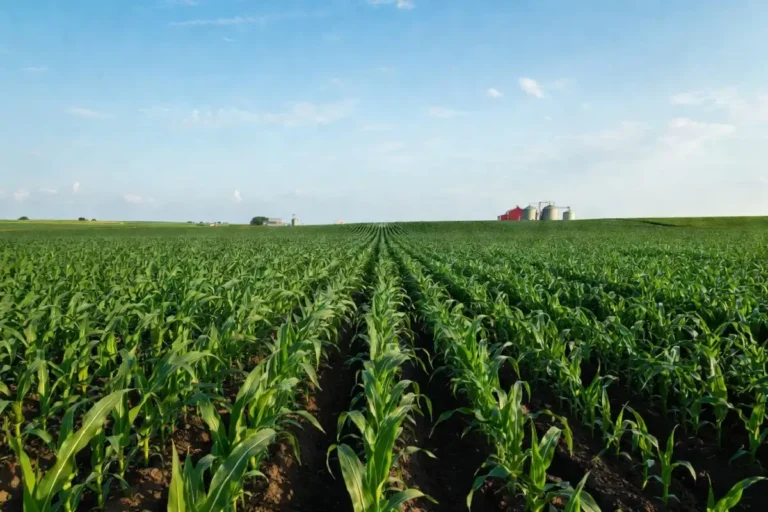 Healthy young corn field in early June 2026 showing strong crop condition