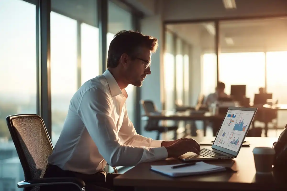 Professional reviewing career growth and hiring data on a laptop in a bright office in June 2026