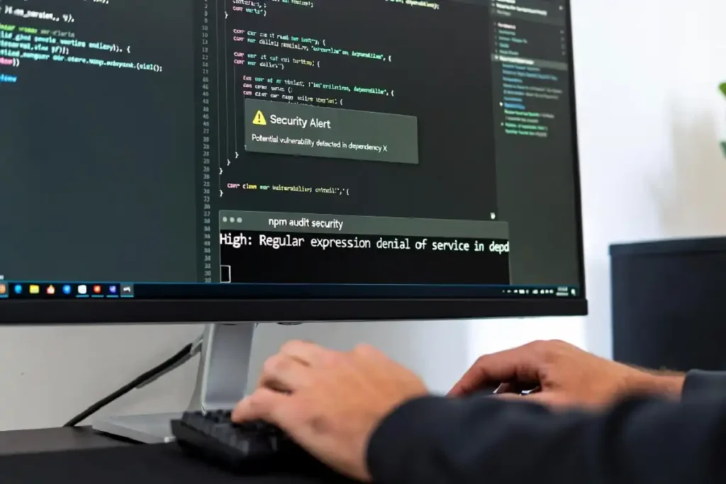 Developer receiving a supply chain security alert on screen while reviewing code dependencies