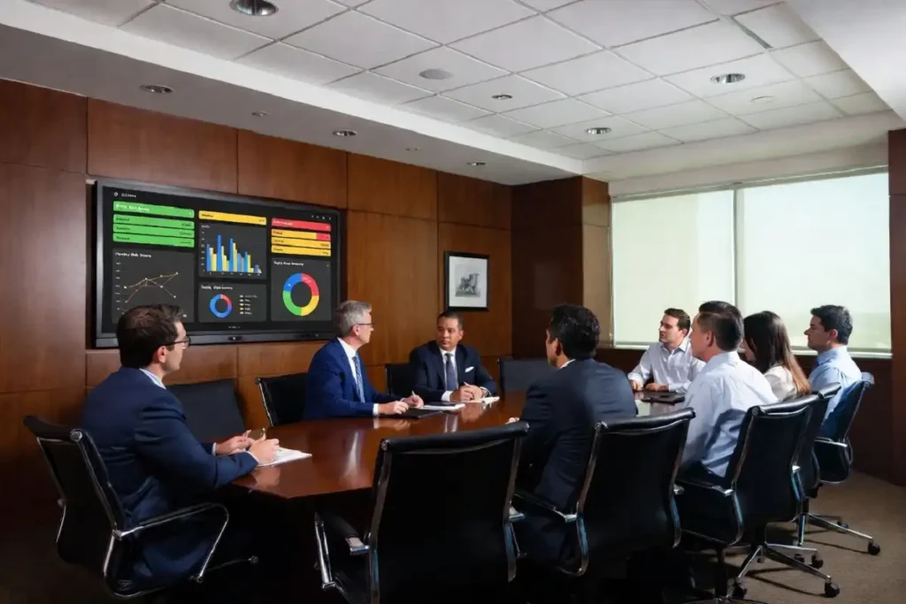Business executives reviewing supply chain security and third-party vendor risk data in a boardroom