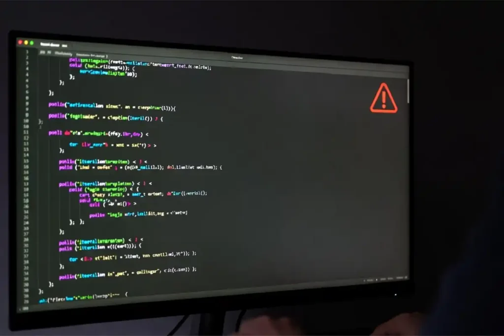 Red security alert warning overlaid on AI-generated code on a monitor